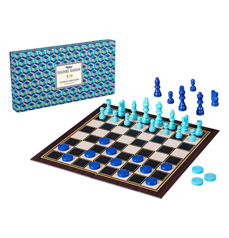 This black and white board sports light blue chess pieces and dark blue checkers pieces. Its blue box sits behind it with a white sign on it. On the white sign are the words, "Ridley's Games Room Chess and Checkers" in black lettering.