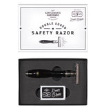 Razor in box with five replacements. The top of box features "Double Edged Safety Razor" in black with a white background.