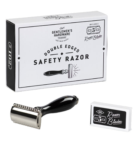 Razor with five blades shown in front with the box in back.
