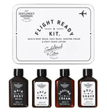 The white box with the words, "Flight Ready Kit" in black lettering is shown with its contents below it. The contents are small bottles of hair and body wash, face wash, shaving cream, and aftershave.