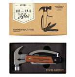 The lid to the hammer tool box is shown at the top. A picture of the hammer tool is shown on the lid with the words, "Hit The Nail On The Head" in black lettering against a white banner background. The hammer tool is shown in its black box.