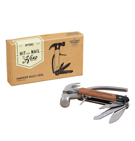 The hammer is shown with all its parts out. The box with its picture and the white banner with the words, "Hit The Nail on the Head" is shown to the left of the hammer tool.