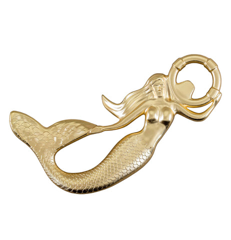 This small brass bottle opener is made to be shaped like a mermaid holding a life ring. From the life ring, the extension sticks out for prying the cap off the bottle.