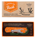 The tan box lid of "Adrenaline" Multi-Tool features an orange logo that reads "Adrenaline Rush" and a picture of the tool. The bottom features the folded up tool.