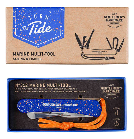The "Marine" Multi-Tool folded up in the bottom of the box with the tan lid above.