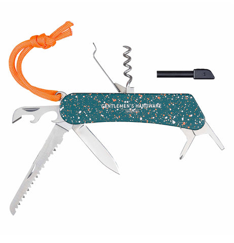 The "Wilderness" Multi-Tool has the green handle with the name, "Gentleman's Hardware", with a knife blade, a saw, a tin/bottle opener, a corkscrew, a flat-head screwdriver, a Phillip head screwdriver, and a removable flint rod. 