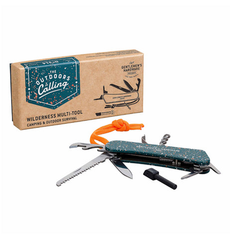 The "Wilderness" Multi-Tool has a box container with the multi-tool taken out. 