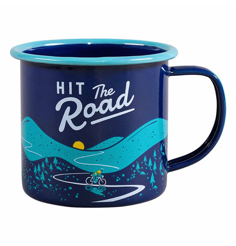 The Enamel "Bicycle" Mug features a beautiful blue background that reads, "Hit the Road" along with a bicyclist riding down a road. 