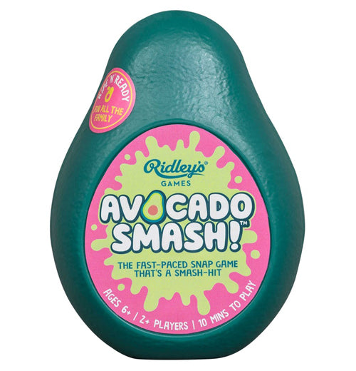 This green plastic box is shaped like an avocado with a picture of a green splatter against a pink background. The words, "Ridley's Avocado Smash" are shown in green and white lettering. A pink sticker with the words, "Fun n' Ready For All The Family" in white lettering is shown to the left.