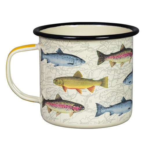 The "Fish" Enamel Mug features a design of different kind of freshwater fish over a map background. 