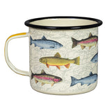 The "Fish" Enamel Mug features a design of different kind of freshwater fish over a map background. 
