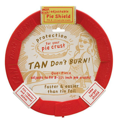 One piece pie shield has "tan don't burn" on it with three lables on the edges.