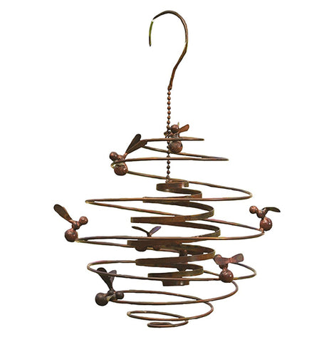 This Double Spiral "Bees" Garden Hanger has a wire frame sculpture of a beehive surrounded by bees. 