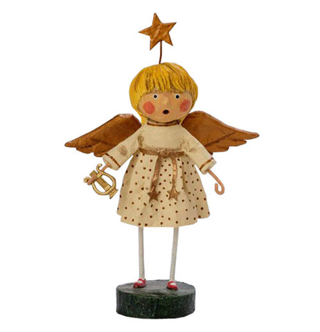 This angel figurine is shown wearing a white robe with copper colored wings. She holds a golden harp with a star halo on her head.