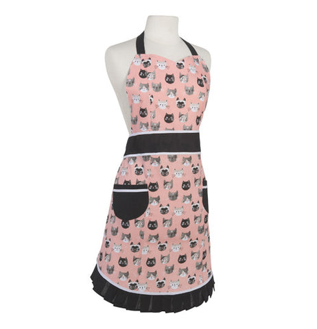 This pink apron has brown outlines and different cats on it.