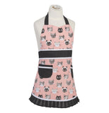 The pink apron has brown outlines and different cats on it.