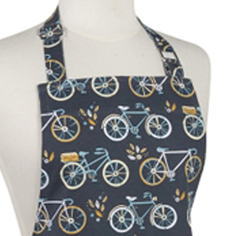 the top part of a black apron with different colored bikes on it worn by a white mannequin