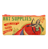 This pencil case has a design of a woman shooting a pen from a bow like an arrow. In the upper left hand corner are the words, "Art Supplies Feed Your Creative Juices" in green, red, and yellow lettering.