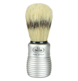 Shaving  brush has a silver handle and tan brushes that says "Omega Made In Italy Pura Setola."