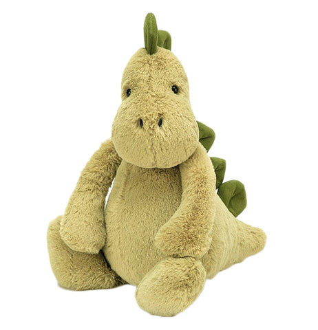 This olive green plush toy is shaped like a Stegosaurus, complete with leaf green spikes along the back and tail.