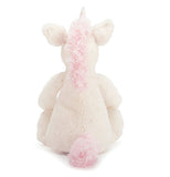 The Bashful Medium sized Unicorn viewed from the back with pink hair on the top and a pink tail below it. 