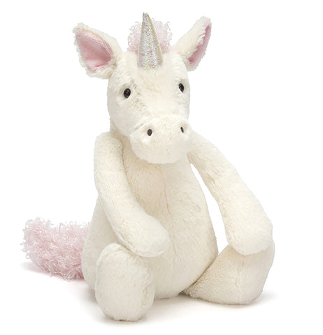 The Bashful Medium sized Unicorn is cuddly stuffed white-colored animal with squish-squashy hooves, and a shimmery-soft horn on top of her head. 