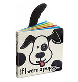 This alternate view of the black and white book featuring a black and white dog on the front with the words "If I were a puppy..." at the bottom and a black dog trail poking out from the back cover.