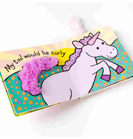 The book is shown open to two pages showing the unicorn's body. The words, "My tail would be curly" are written across the tops of both pages in black lettering.