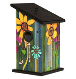 This birdhouse sports a design of bees and yellow, magenta, and turquoise flowers against a green and blue background.