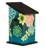 This dark blue-green birdhouse with a black roof and floor sports a design of bright green and blue succulent plants covering it.