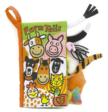 The "Farm Tails" Activity Book has pictures of farm animal faces and furry, fluffy farm animal tails coming out on the right side of the book. 