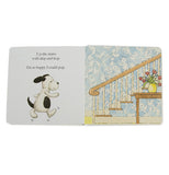 A part of the book depicting the puppy ready to run up the stairs along with the passage "Up the stairs with skip and hop, I'm so happy I could pop"