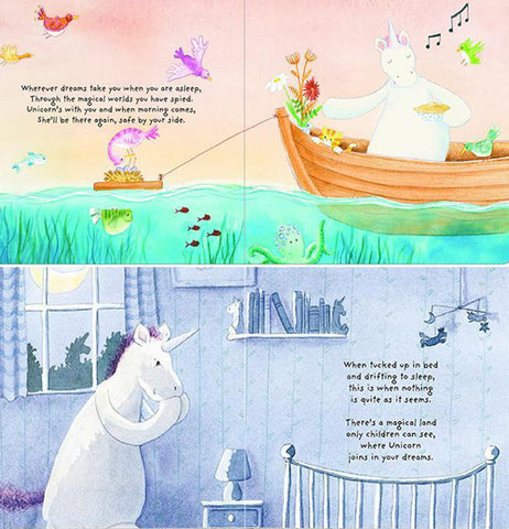 "Unicorn Dreams"  open to a page with the top half showing a rowboat with a fishing line going from it and the bottom half featuring a unicorn sitting on it sbutt and claspingi it front hooves together.