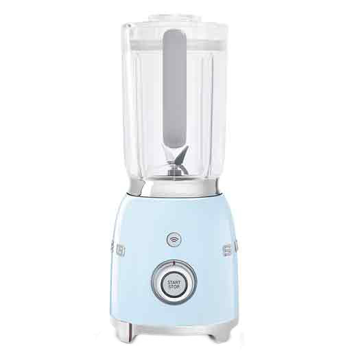 A blender with a pastel blue base is on its&