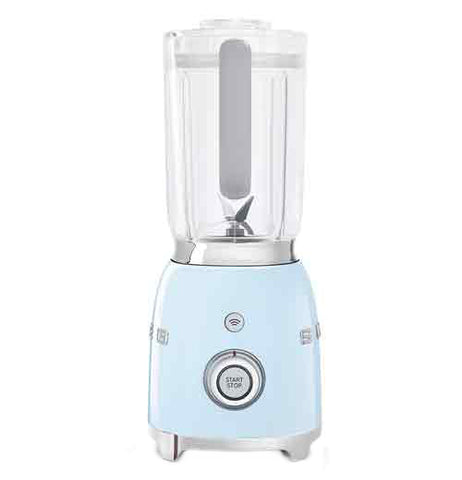 A blender with a pastel blue base is on its' base. The top is on. "Start/stop" and wifi buttons are visible.