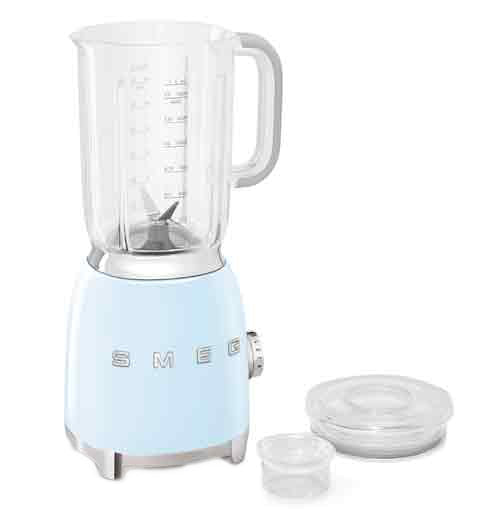 A blender with a pastel blue base is on its&