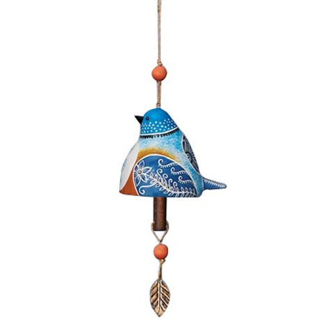 This copper bell has a ceramic bottom that looks like a blue bird with red sides under blue wings and a white chest. A copper leaf sculpture hangs at the bottom.