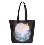 Black bucket tote with cream colored tassel and pink and white flower with the words "From the Heart" in white.