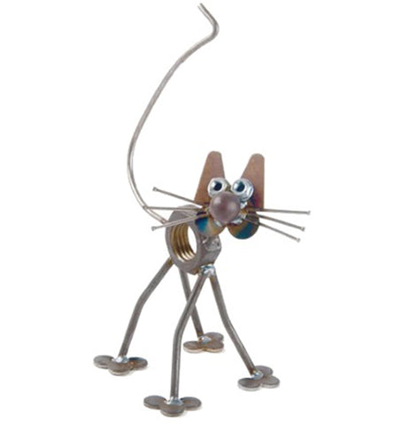 This image shows a metal sculpture of a cat with a lug nut for its torso with four long legs, a long tail, two large ears, and six long whiskers.