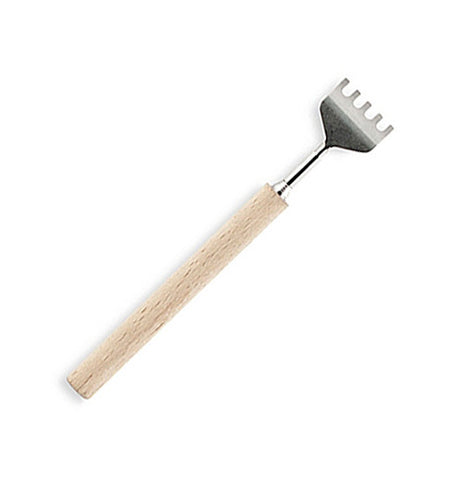 This extendable back scratcher has a wooden handle and a metal scratcher shaped like a rake.