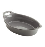 The "Gray" 1.5-quart Oval Baking Dish has wide handles for easy carrying. 