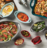 The "Gray" 1.5-quart Oval Baking Dish goes on the table with any other big and small baking dishes. 
