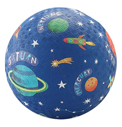 A rubber blue ball with Saturn, Mercury, Neptune, stars and a rocket ship on it.