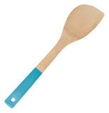 Bamboo wooden spoon with blue handle.