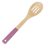 Bamboo slotted spoon with a purple handle.
