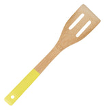 Bamboo slotted spatula with a yellow handle.
