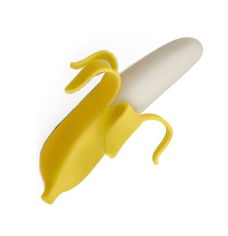 This yellow silicone rubber bottle stopper is shaped like a peeled banana.