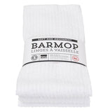This plain white dish towel is shown inside its cardboard packaging with the words, "Barmop Linges A Vaisselle" written across the middle in black lettering.
