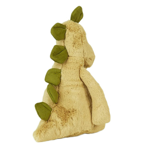 The olive green Stegosaur toy with the leaf green spikes is shown from behind..