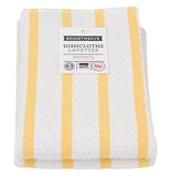 Dishcloth with large white stripes and skinny yellow stripes.